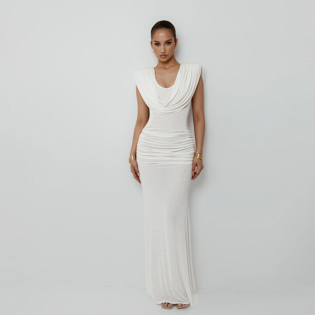 Elegant Waist Pleated Swing Collar Dress