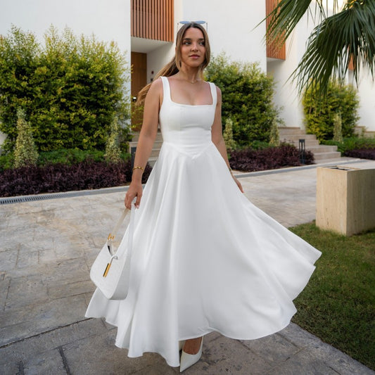 Elegant Square Collar Sleeveless High Waist Dress