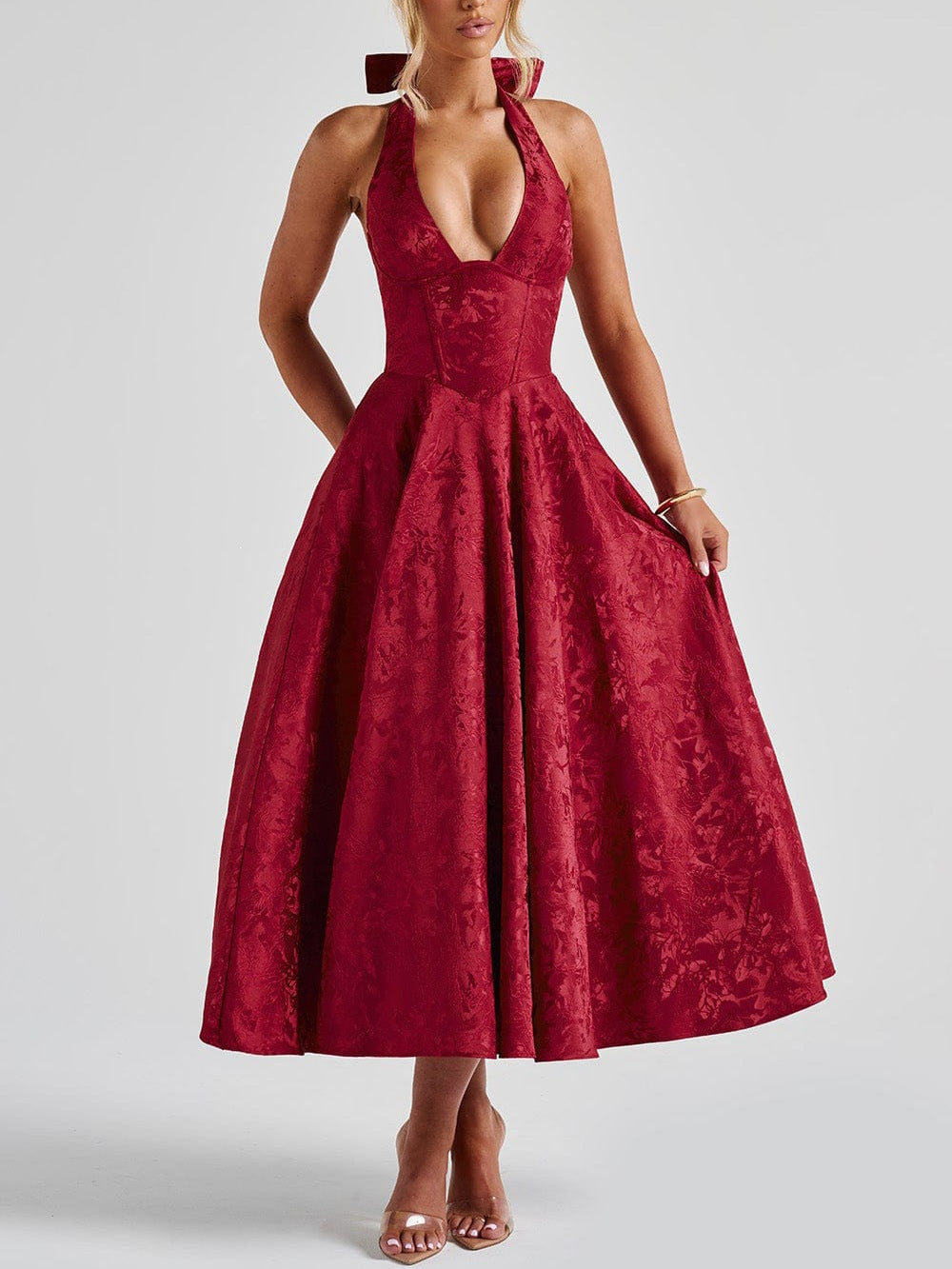 Jacquard Halter Neck Evening Gown