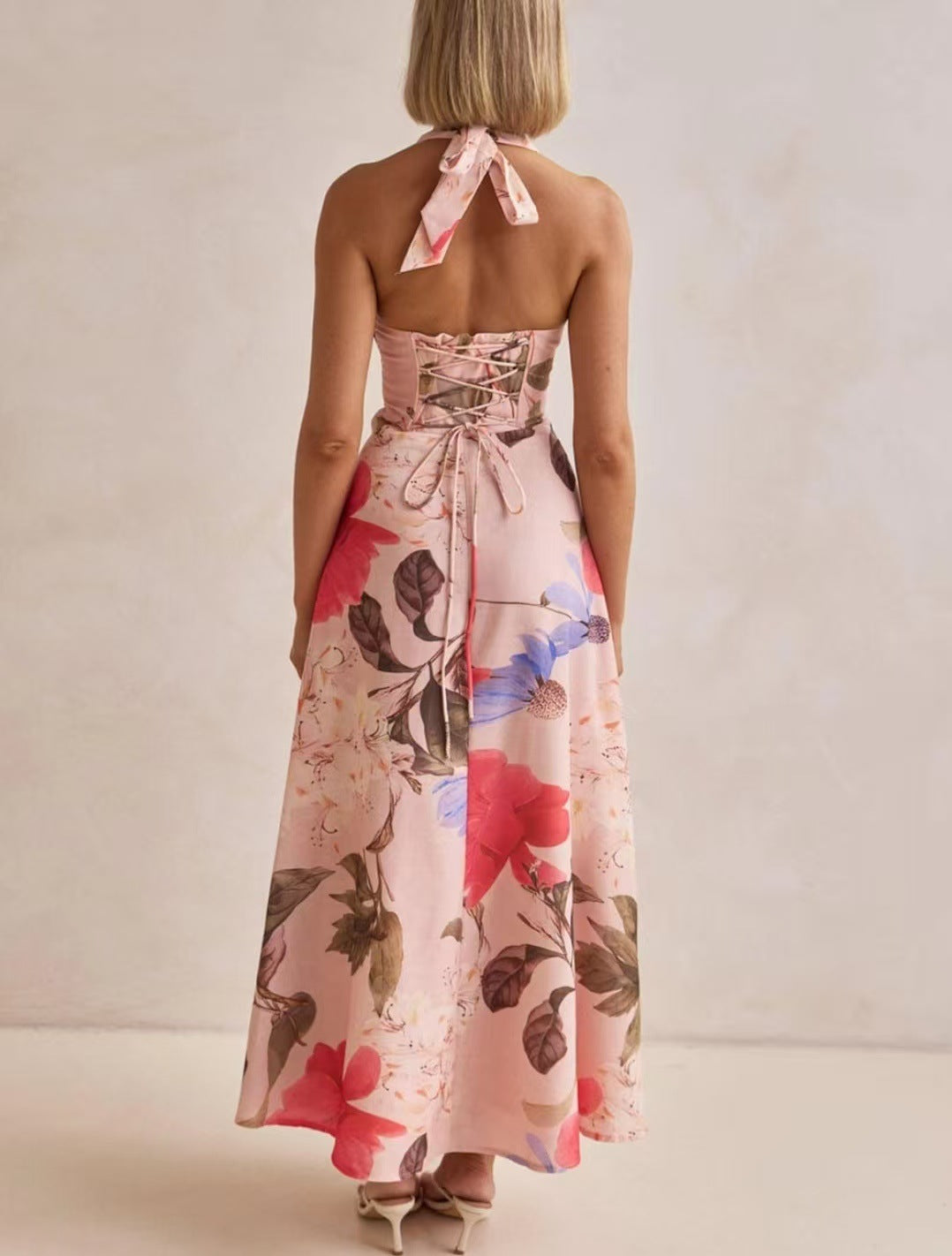 Floral Print V-Neck Backless Long Dress