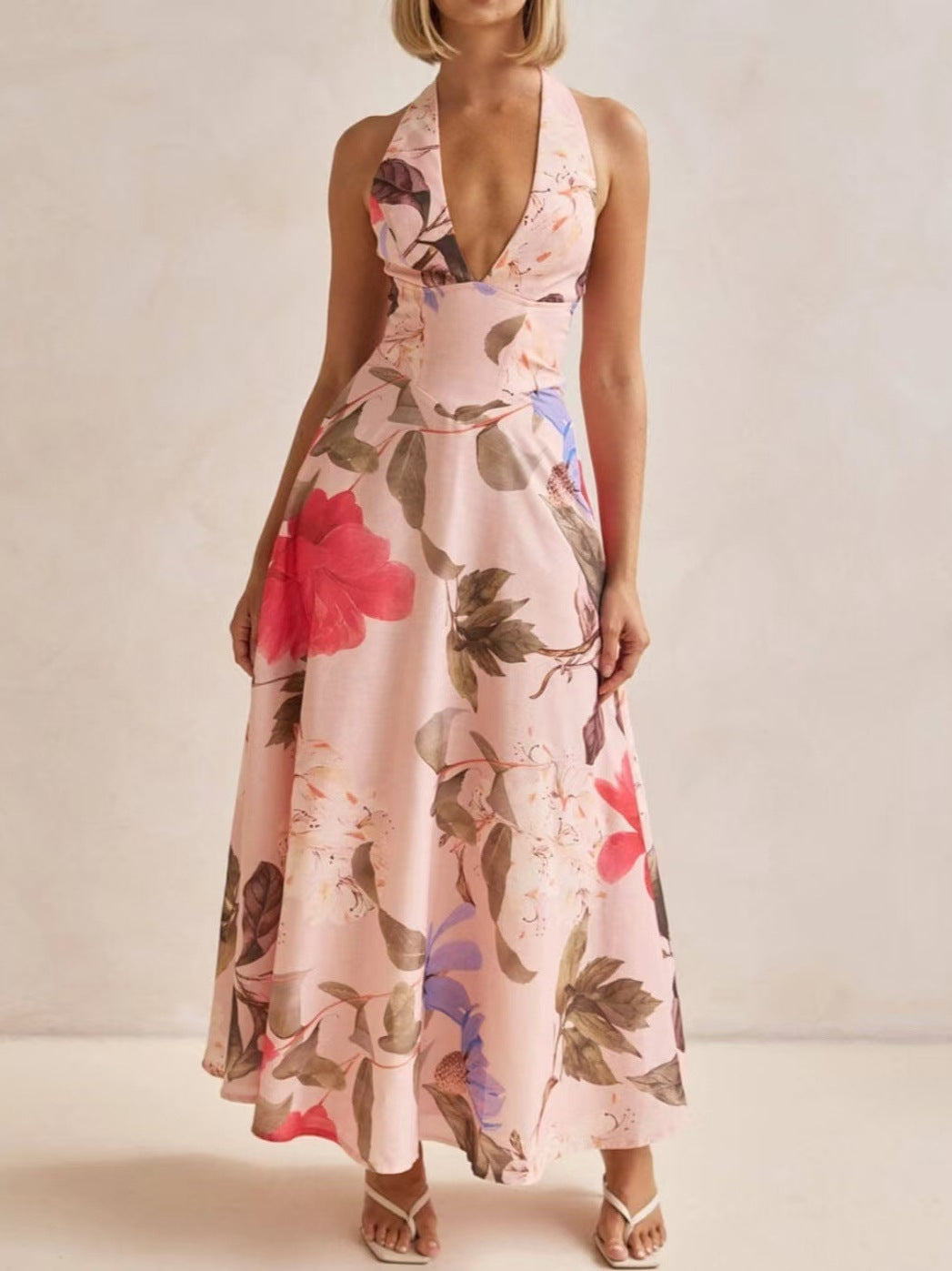 Floral Print V-Neck Backless Long Dress