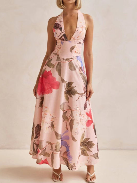 Floral Print V-Neck Backless Long Dress