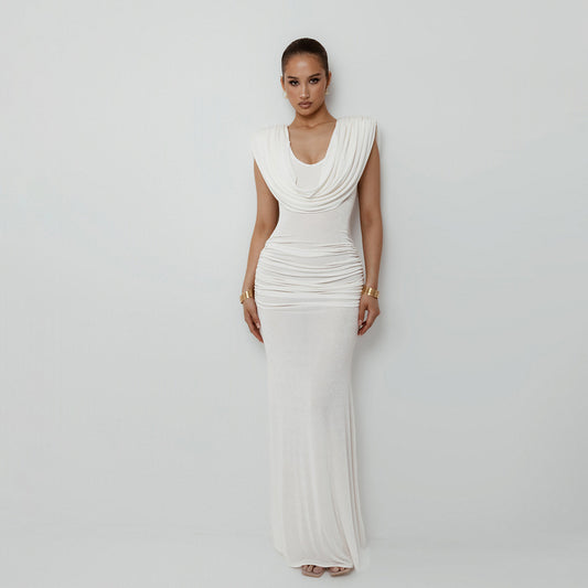 Elegant Waist Pleated Swing Collar Dress